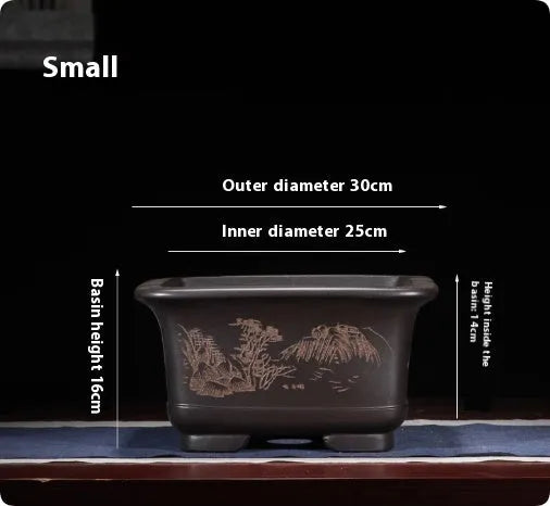 Large purple clay Chinese style flower pot for indoor bonsai or plants.