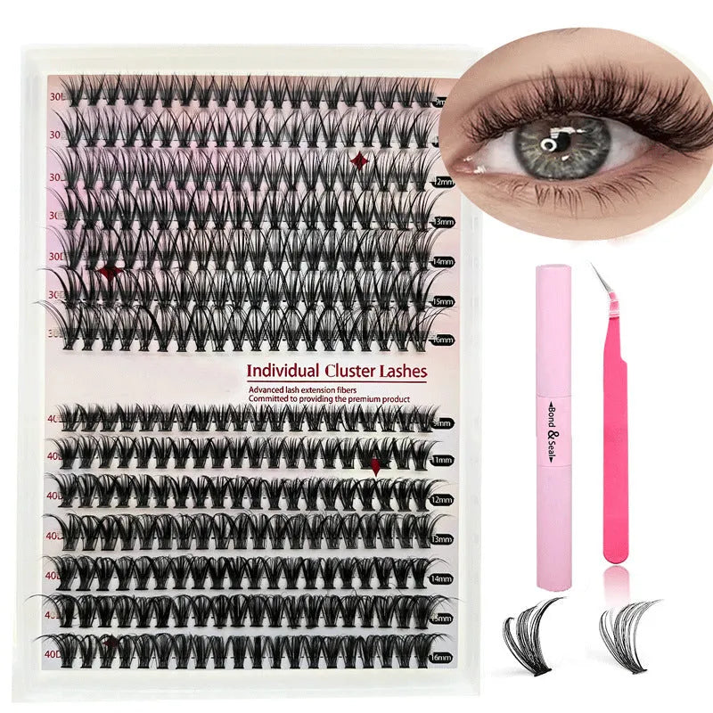 DIY cluster lashes mixed package showing 30D and 40D false eyelashes with tweezers