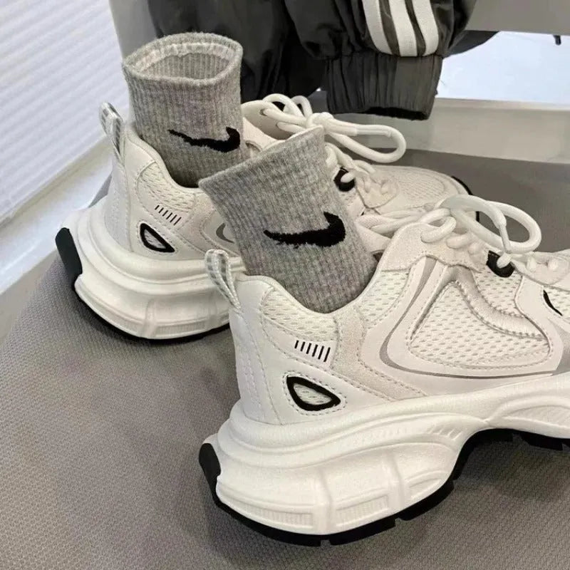 Beige mesh platform sports shoes with wedge heel and lace-up front design
