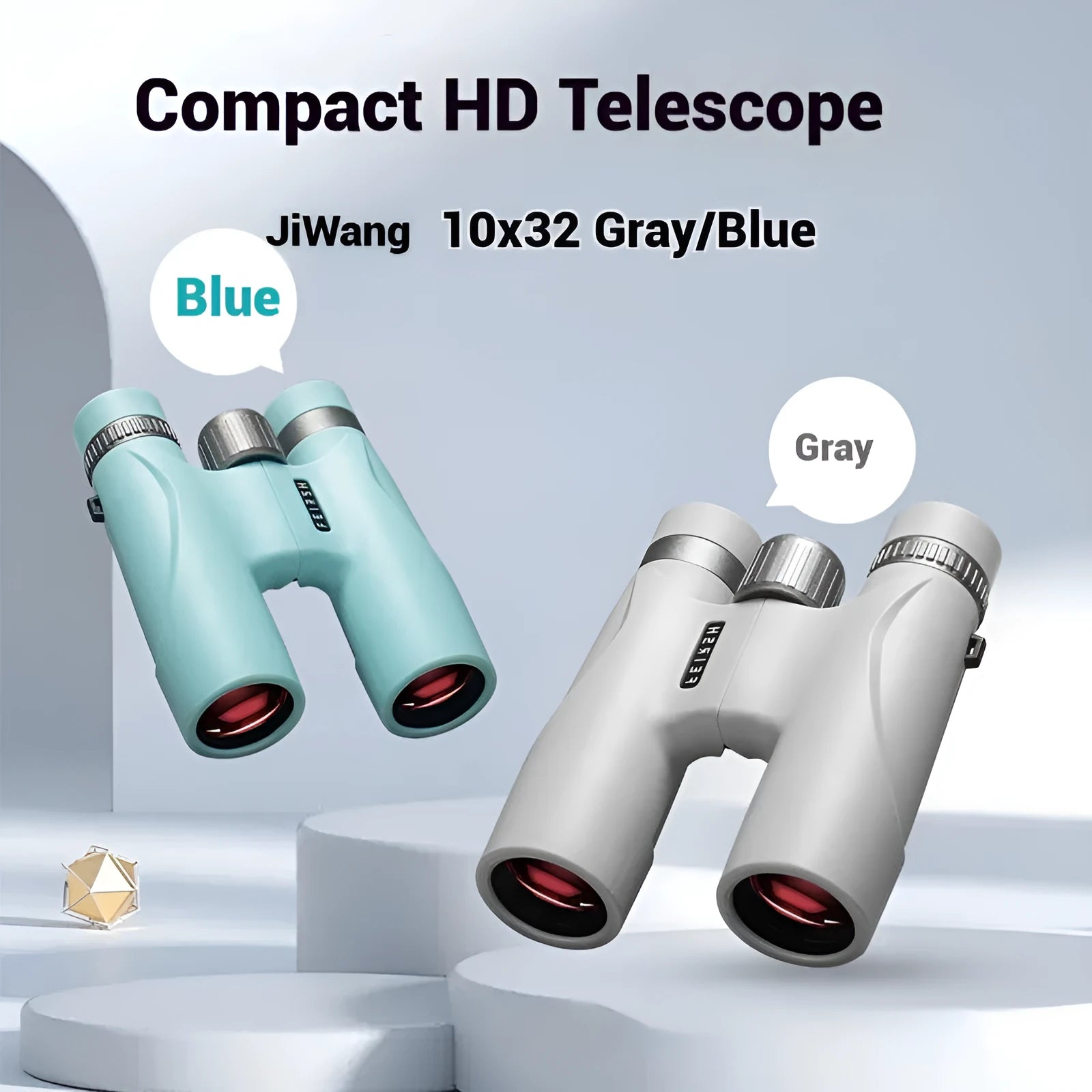 Blue and grey 10x32 compact binoculars showing 32mm objective lenses and plastic body.
