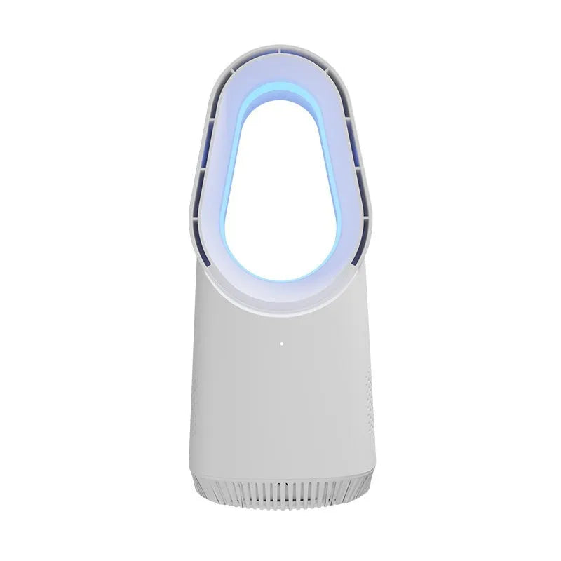 White bladeless tower fan with a slim design standing on a floor, showing a touch screen panel.