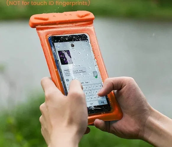 Waterproof phone pouch with neck rope in multiple colour options including orange, black, and blue
