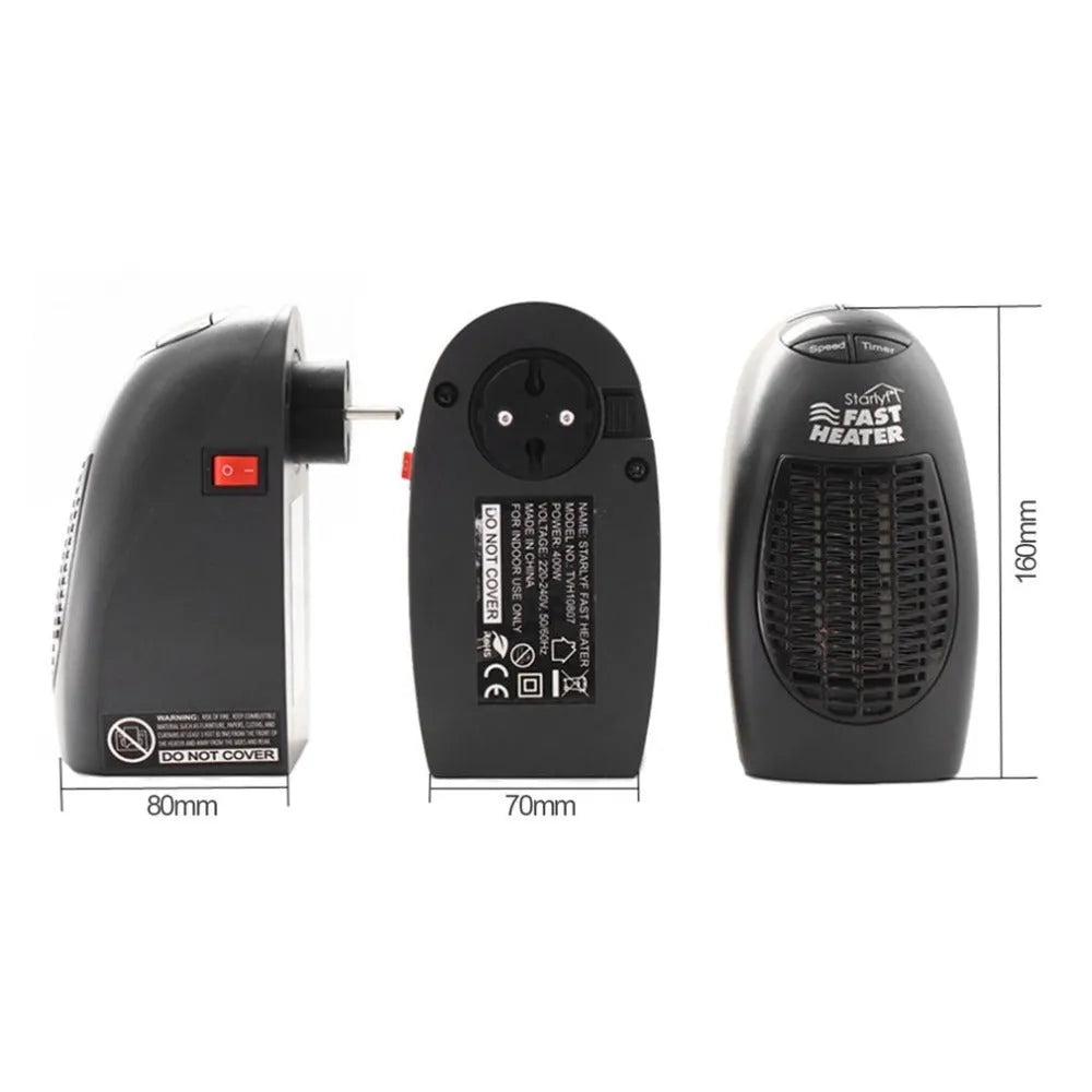 Black portable electric heater with digital display and rotating plug, measuring 8x7x16cm
