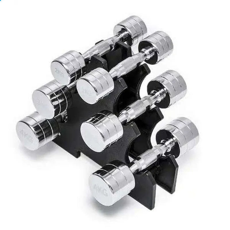 Silver electroplated pure steel dumbbell with ergonomic handle on grey background