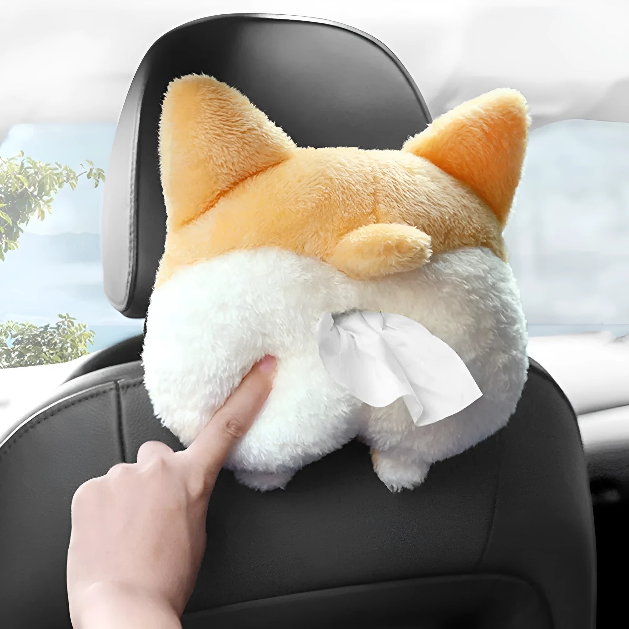 Yellow soft plush Corgi butt shaped tissue box cover with elastic strap for car visor.