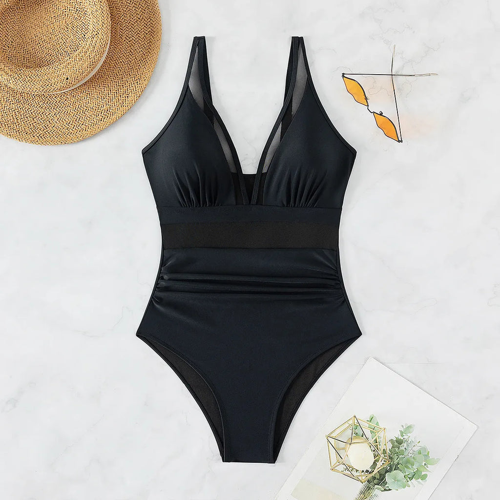 Black mesh halter one-piece swimsuit for women with briefs style