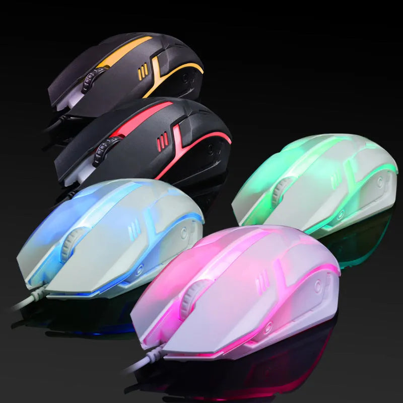 Wired USB computer mouse with colourful glowing LED lighting in black and white options