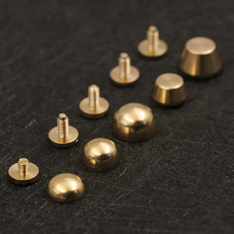 Brass decorative buckle foot nails in round and bucket styles measuring 10mm and 12mm