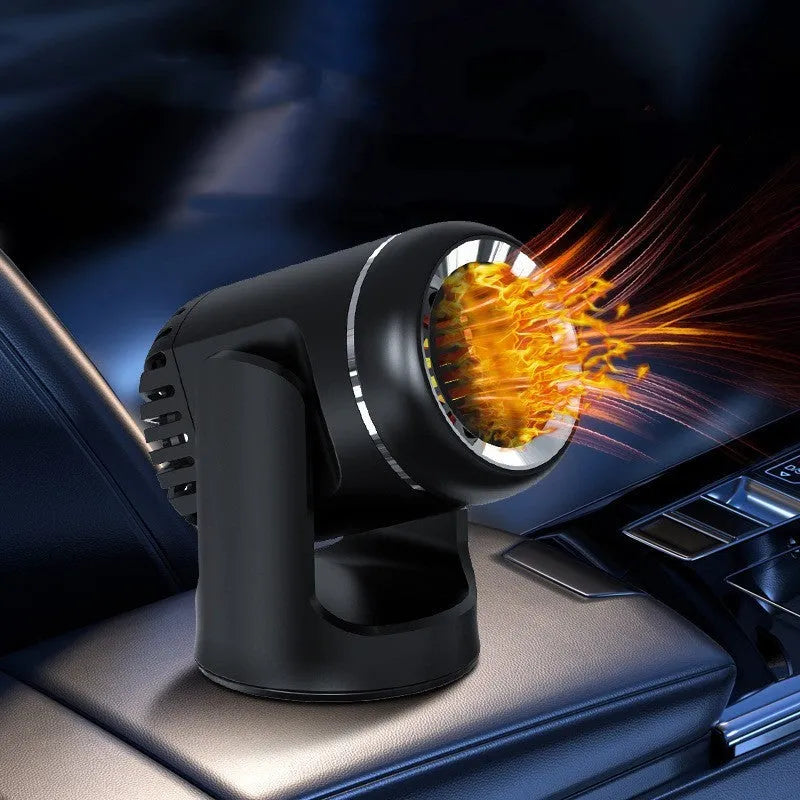 Black and white 12V car heater with dual hot cold settings for vehicle defrosting and climate control