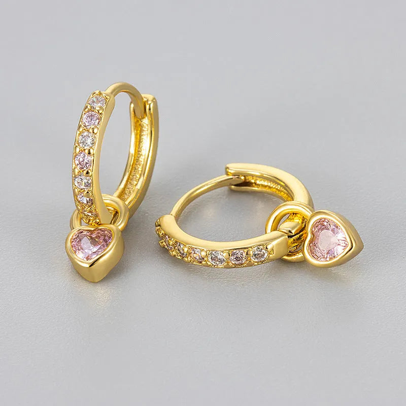 Women's fashion earrings with heart-shaped zircon eardrops in gold and white gold coloured settings
