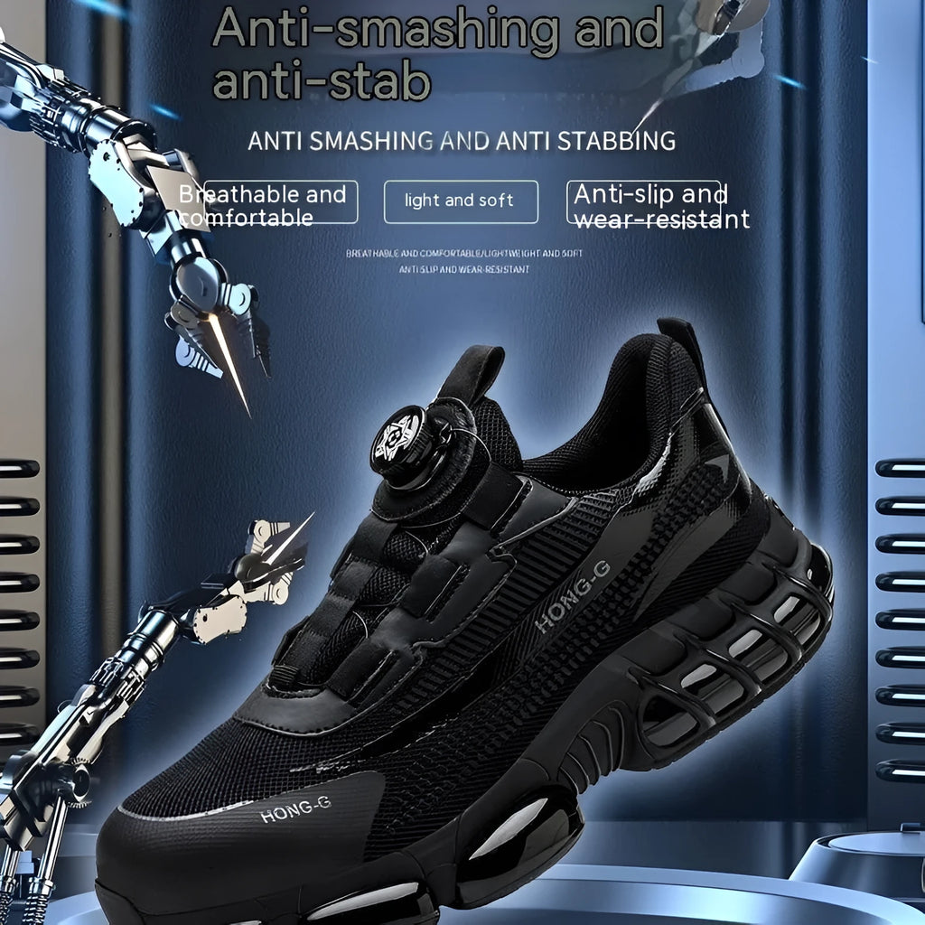Low-top black safety work shoes with laces, a steel toe cap, and an anti-puncture sole.
