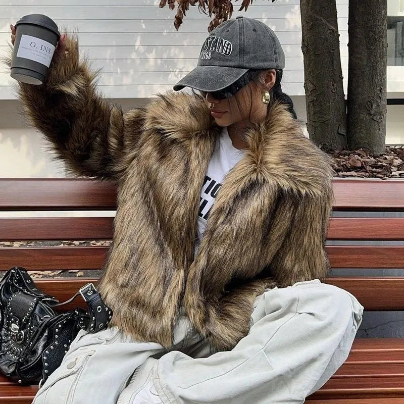 Artificial fur coat with fur collar in short 40cm length showing black tip on black colour variation