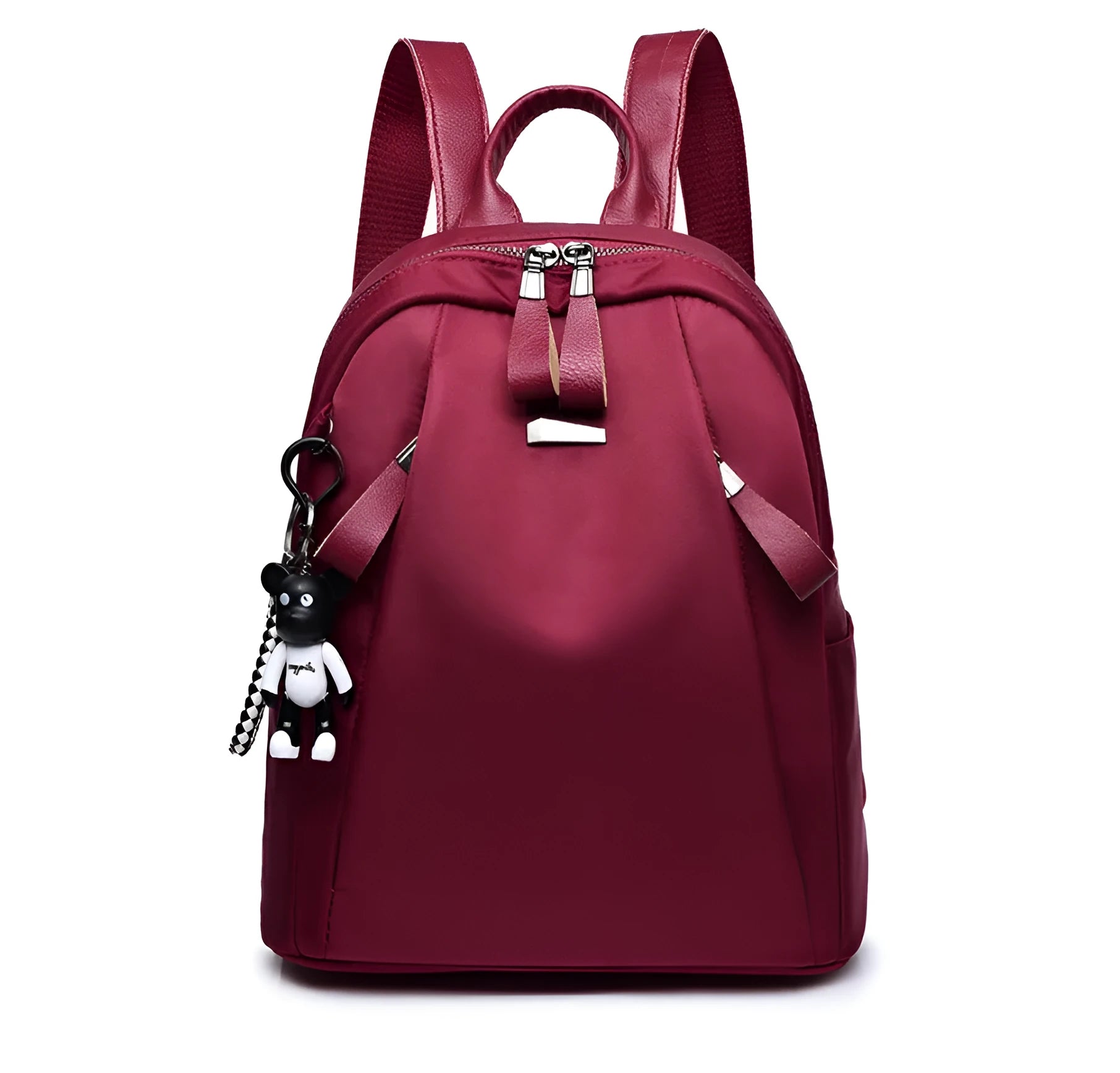 Medium capacity Oxford cloth rucksack in wine red with double straps and organised internal compartments