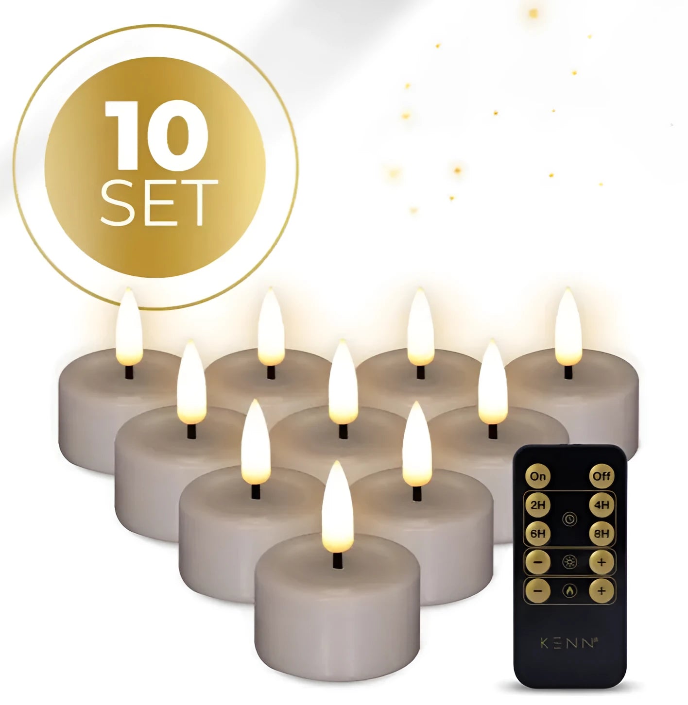 Taupe LED tealight candle with 3D flame effect showing 4.1cm diameter measurement
