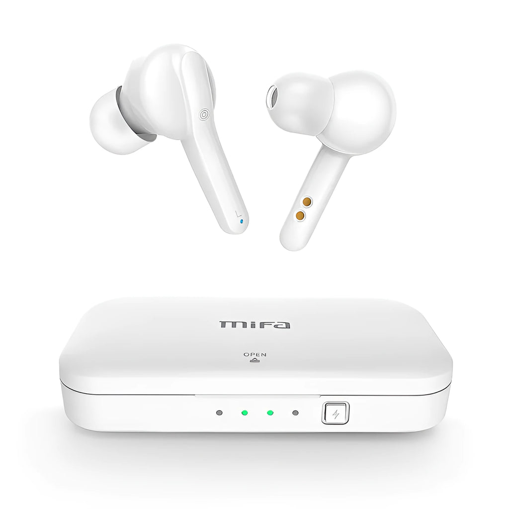 Black and white true wireless Bluetooth 5.0 earbuds with IPX5 waterproof rating