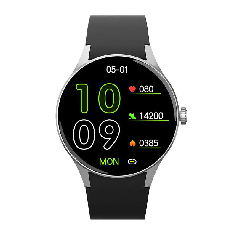 Smart watch with blood glucose monitoring on wrist showing AMOLED display with health metrics