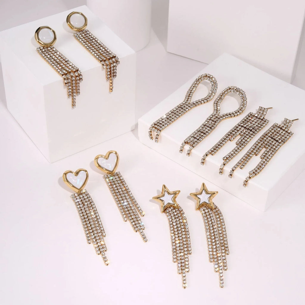 Diamond tassel love stainless steel earrings with 18K gold electroplating and geometric heart star designs
