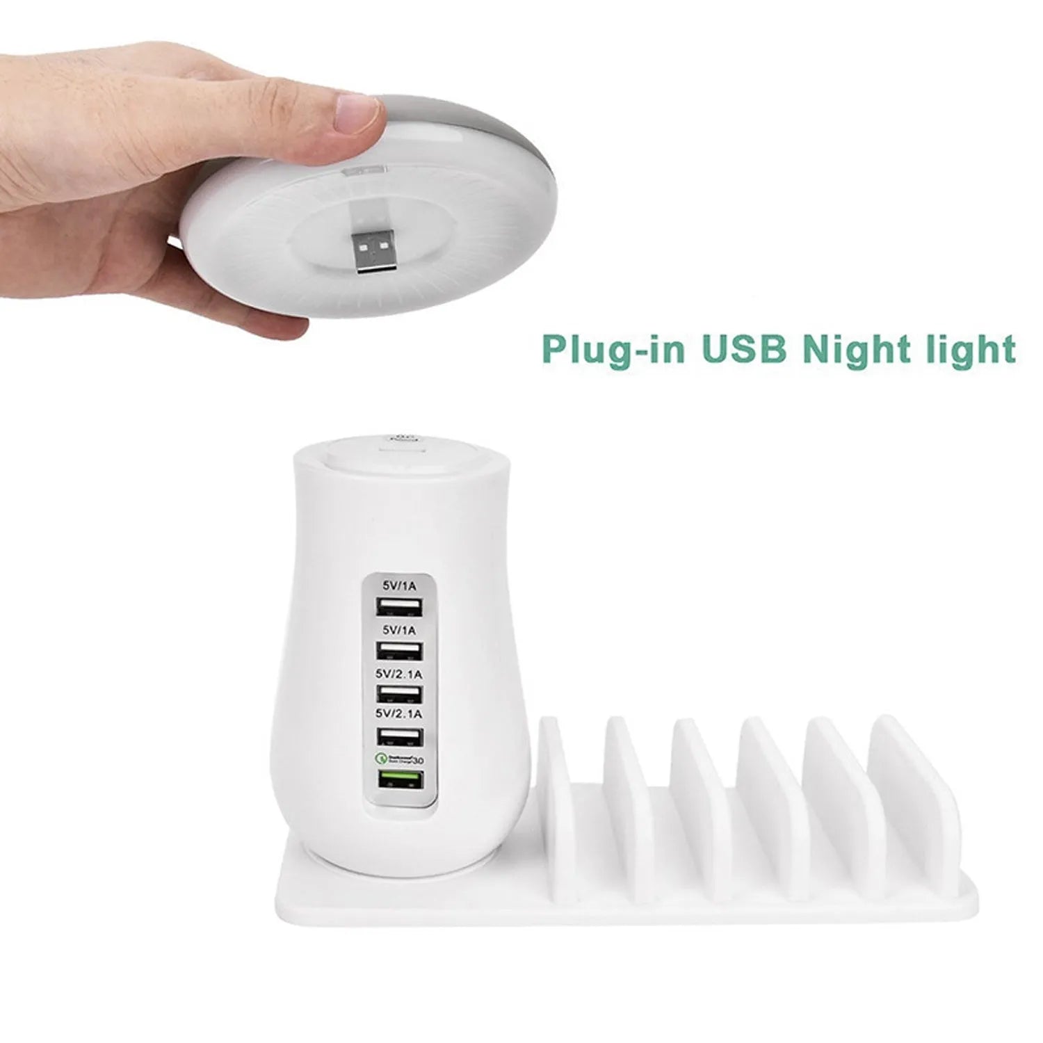 Besegad mushroom-shaped white LED desk lamp and USB charging station with five ports