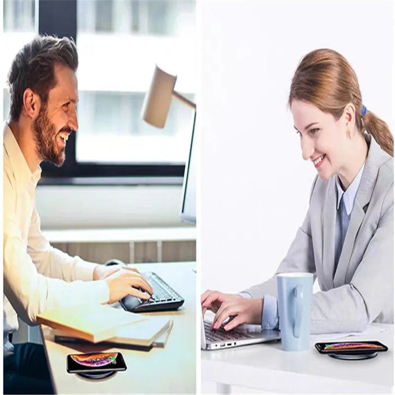 Black aluminium wireless charging pad with LED indicator lights for Qi-compatible phones