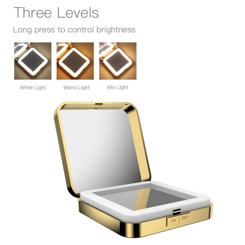 Makeup mirror with dual-sided design showing 4x magnification mirror and adjustable LED lighting system in black colour option