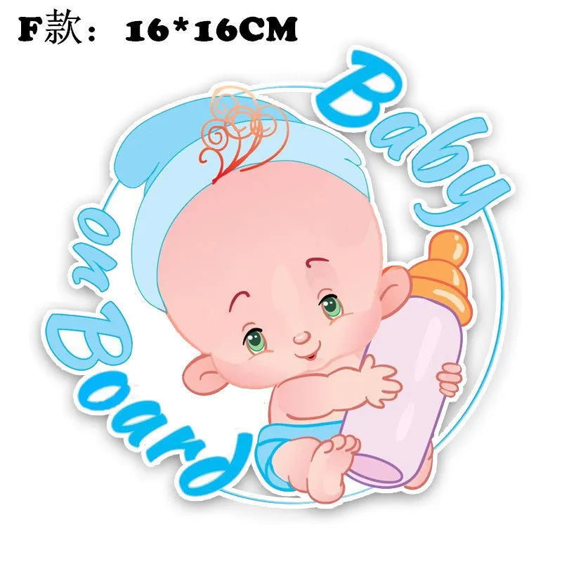 Baby On Board reflective car sticker showing baby character designs with feeding bottle, measuring specific centimetre dimensions