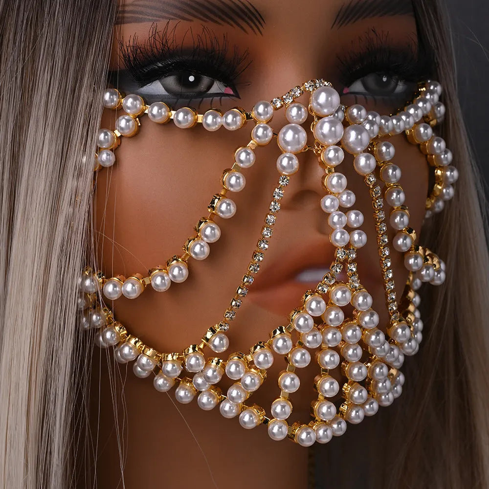 Geometric alloy mask with electroplated finish and gemstone decoration in silver colour