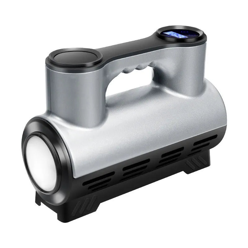 12V portable car tyre inflator with digital or pointer display, LED light and 3 nozzles in ABS casing