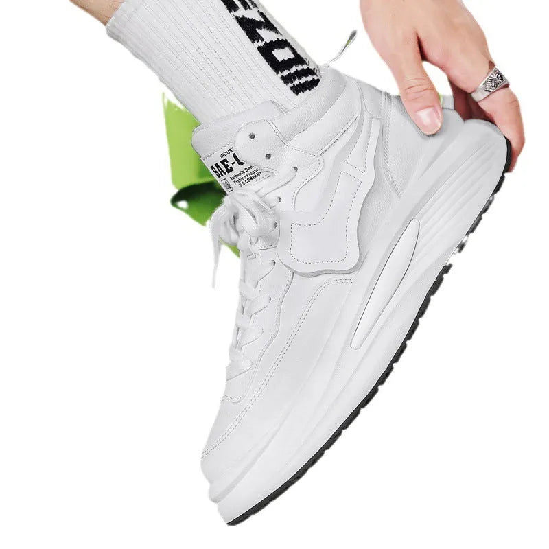 Men's black and white high-top board shoes with round toe and platform sole.