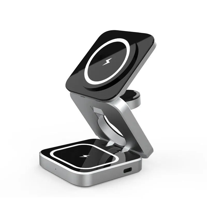 Three-in-one desktop wireless charging bracket with folding design showing Apple, Samsung and Google Pixel charging areas