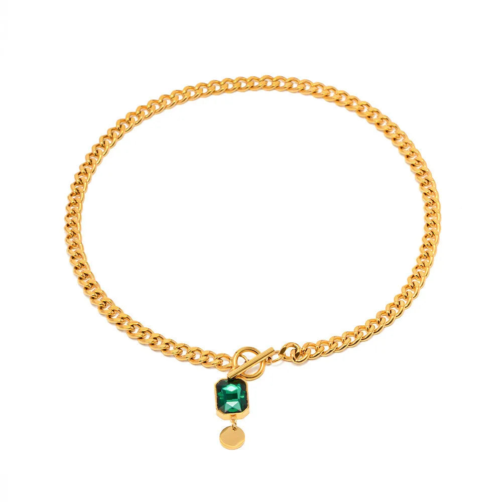 Gold geometric pendant necklace with French retro design and Cuban link chain