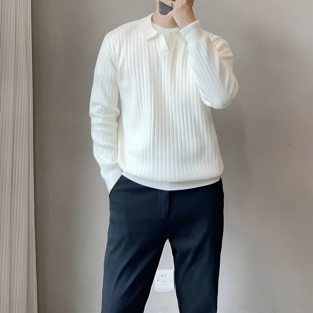Modal rabbit fur knitted sweater with striped lapel collar in loose elastic fit