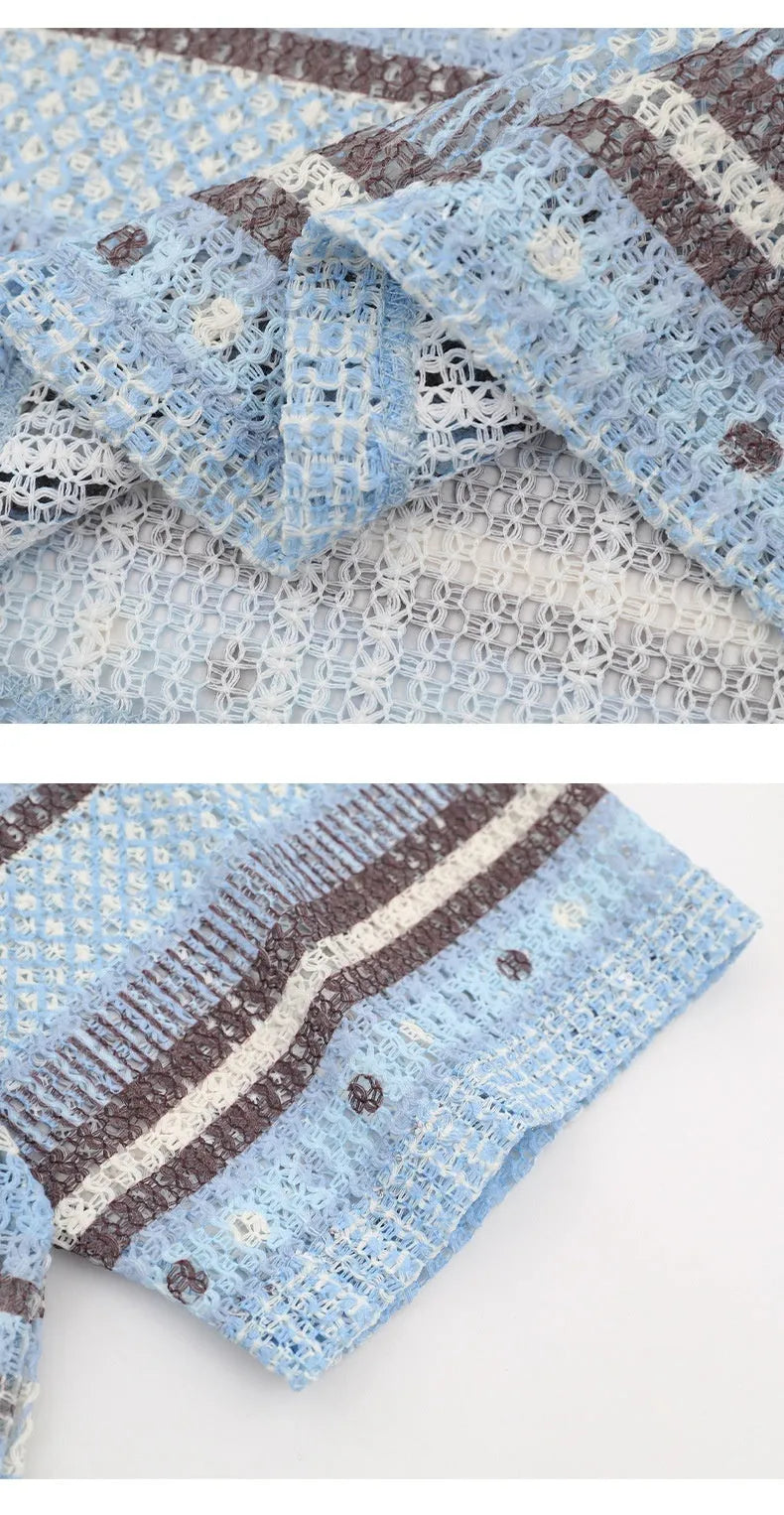 Men's blue printed short sleeve shirt with loose leisure fit on hanger