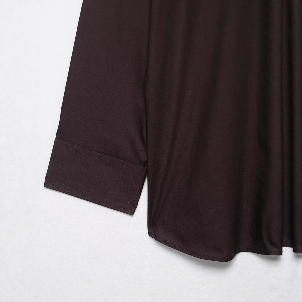 Brown women's poplin shirt with built-in scarf and bow tie detail, loose fit design
