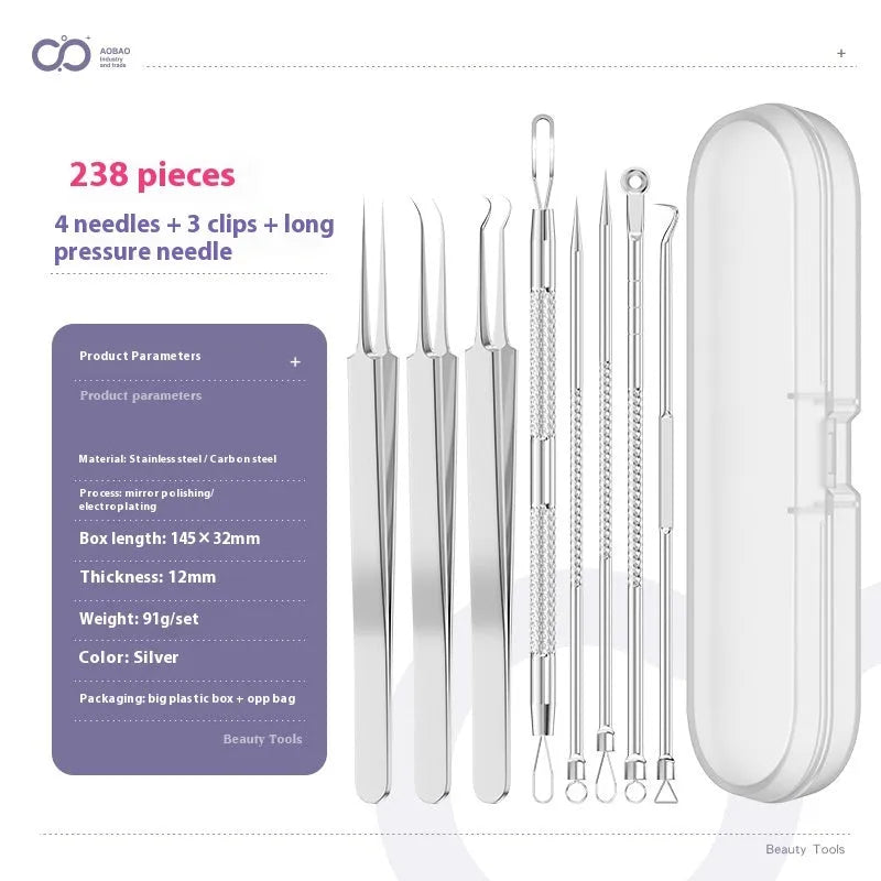 4-piece metal acne needle set with ultra fine pointed tips on silver background