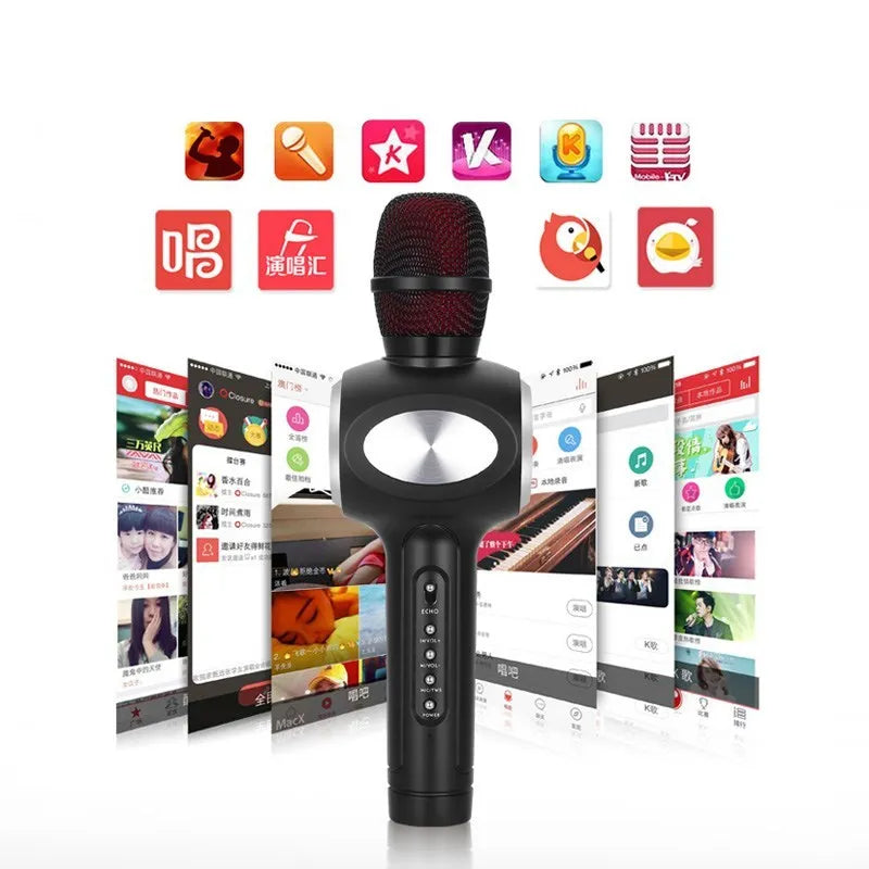 Yaerjia E108 mobile karaoke microphone in black, gold, or pink with built-in speaker