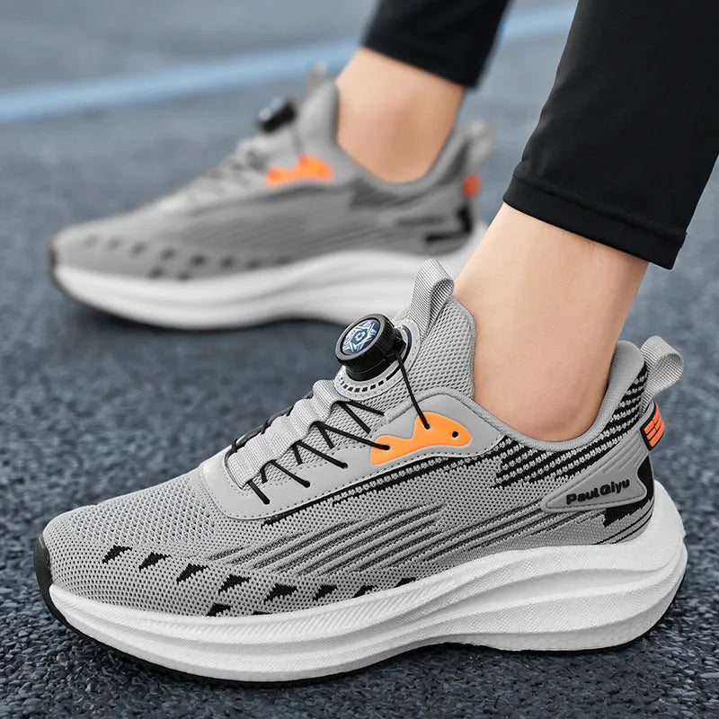 Men's rotating buckle Fly-kit mesh running shoes in black, grey, or white/green colours with flat sole