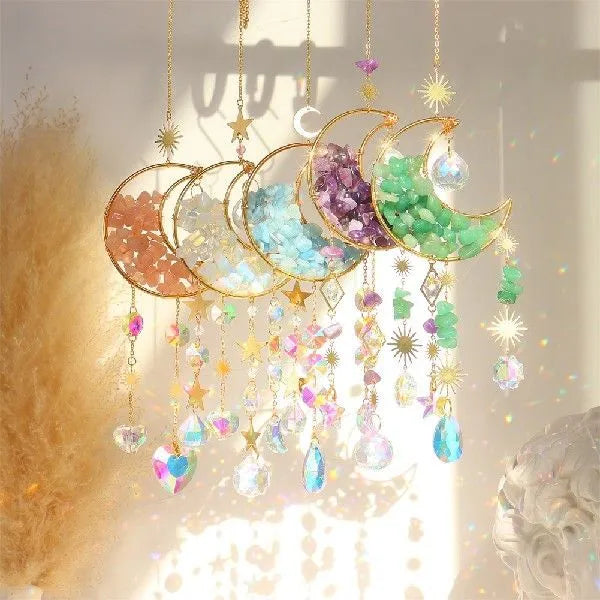 Crystal moon pendant car accessory with 100mm diameter and 420mm hanging chain in five colour options