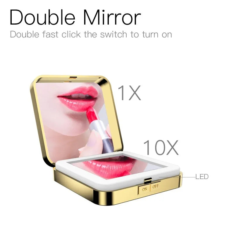 Makeup mirror with dual-sided design showing 4x magnification mirror and adjustable LED lighting system in black colour option