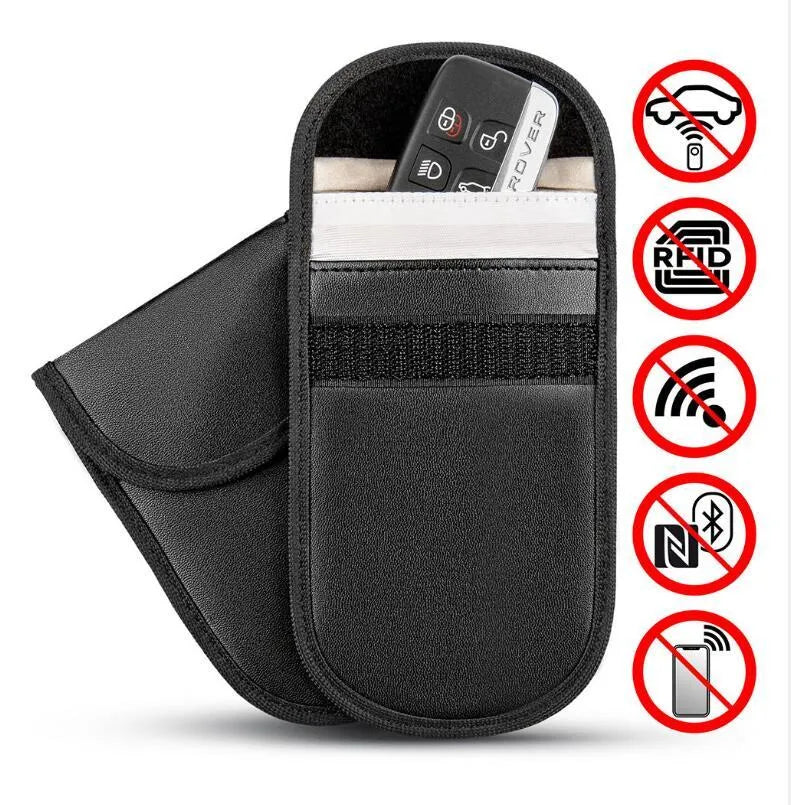Black microfiber Faraday cage bag for blocking car key and phone signals, measuring 13.5 by 9.5 cm.