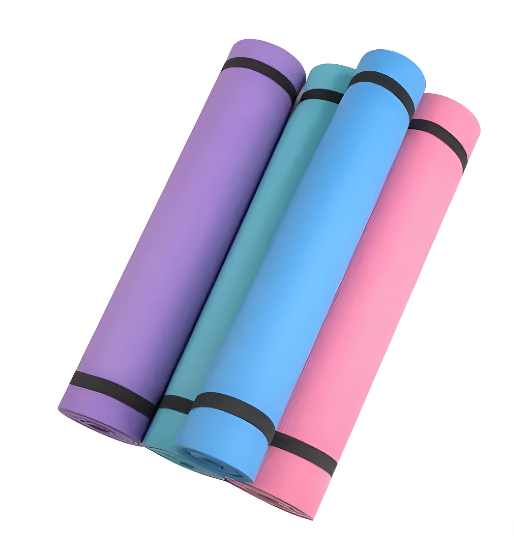 EVA fitness yoga mat in blue, showing its texture and thickness, rolled up with its OPP storage bag.