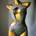 Female one-piece mesh diamond swimsuit in army green colour with polyester lining