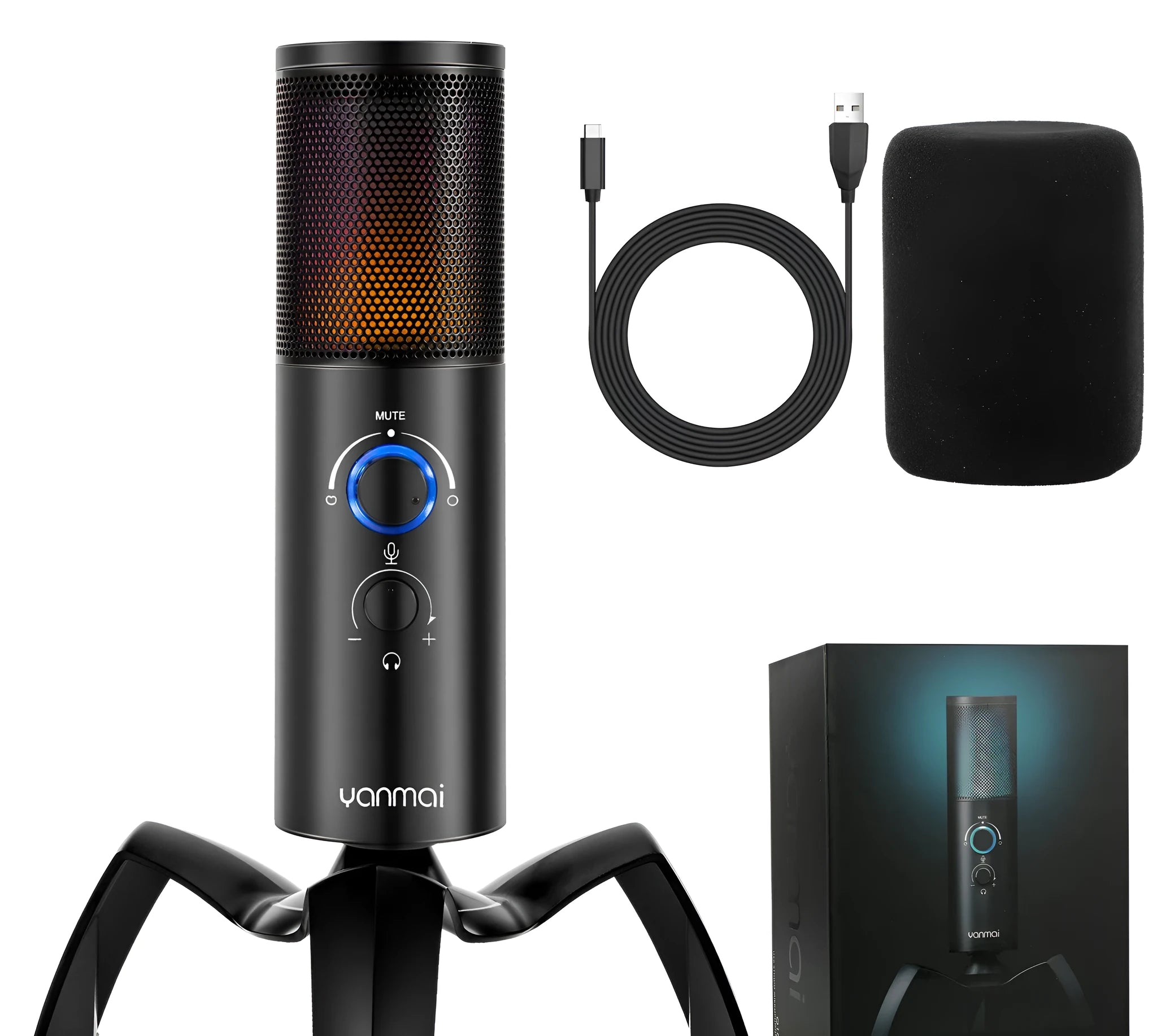 Black Q18 two directional condenser microphone with RGB lighting and metal body on tripod