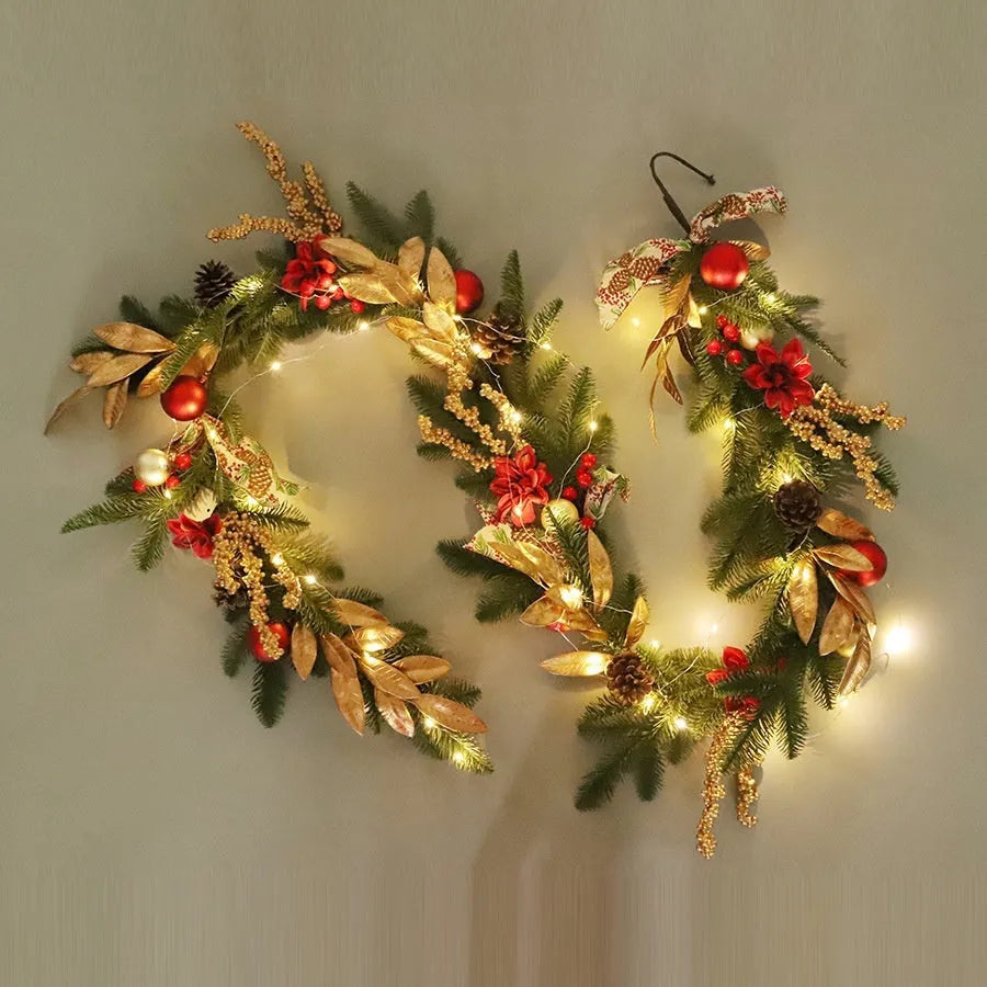 Christmas garland collection showing four plastic decorative designs with optional battery-powered lighting