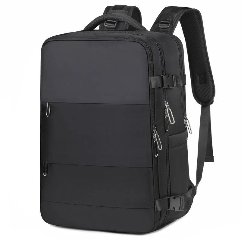 Large purple travel backpack with multiple compartments shown open to reveal organisational pockets