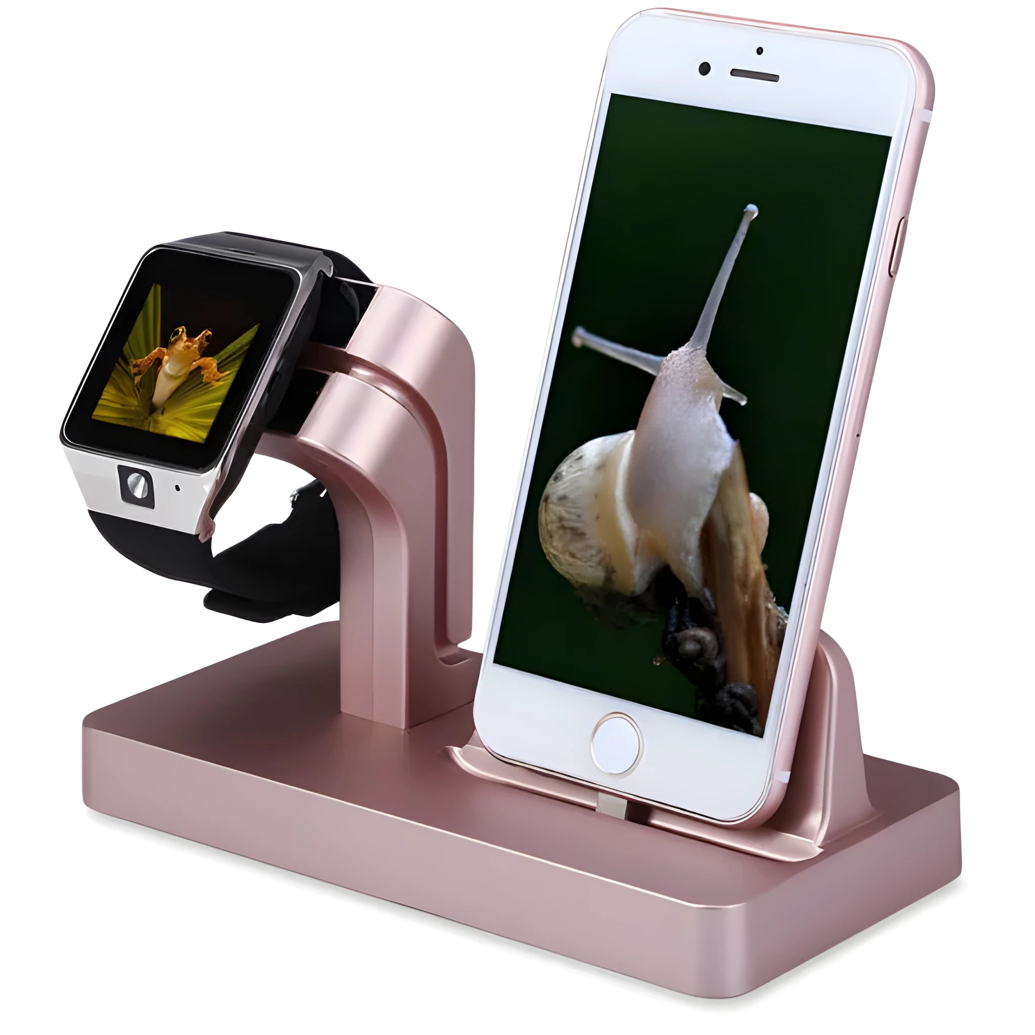 White 2-in-1 desktop charging dock station holding an iPhone and an Apple Watch.