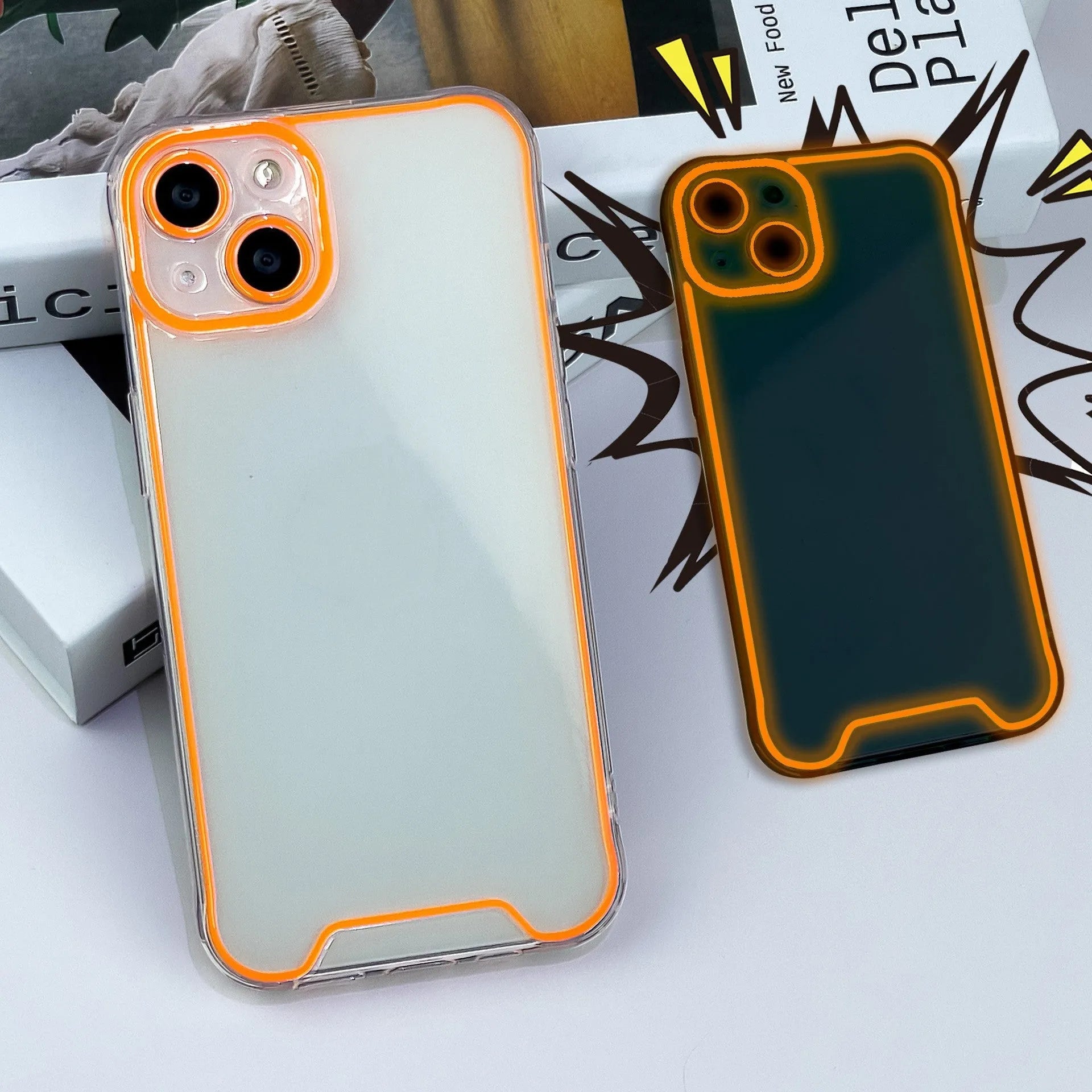 Glow in the dark Christmas phone case for iPhone in green, orange, blue, yellow, and pink colours.
