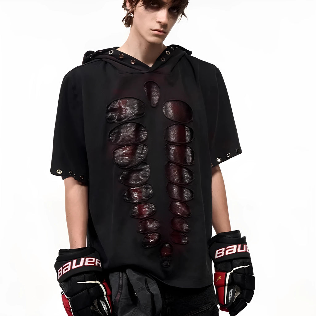 Black men's hooded short-sleeved T-shirt with loose fit and all-over sequins decoration.