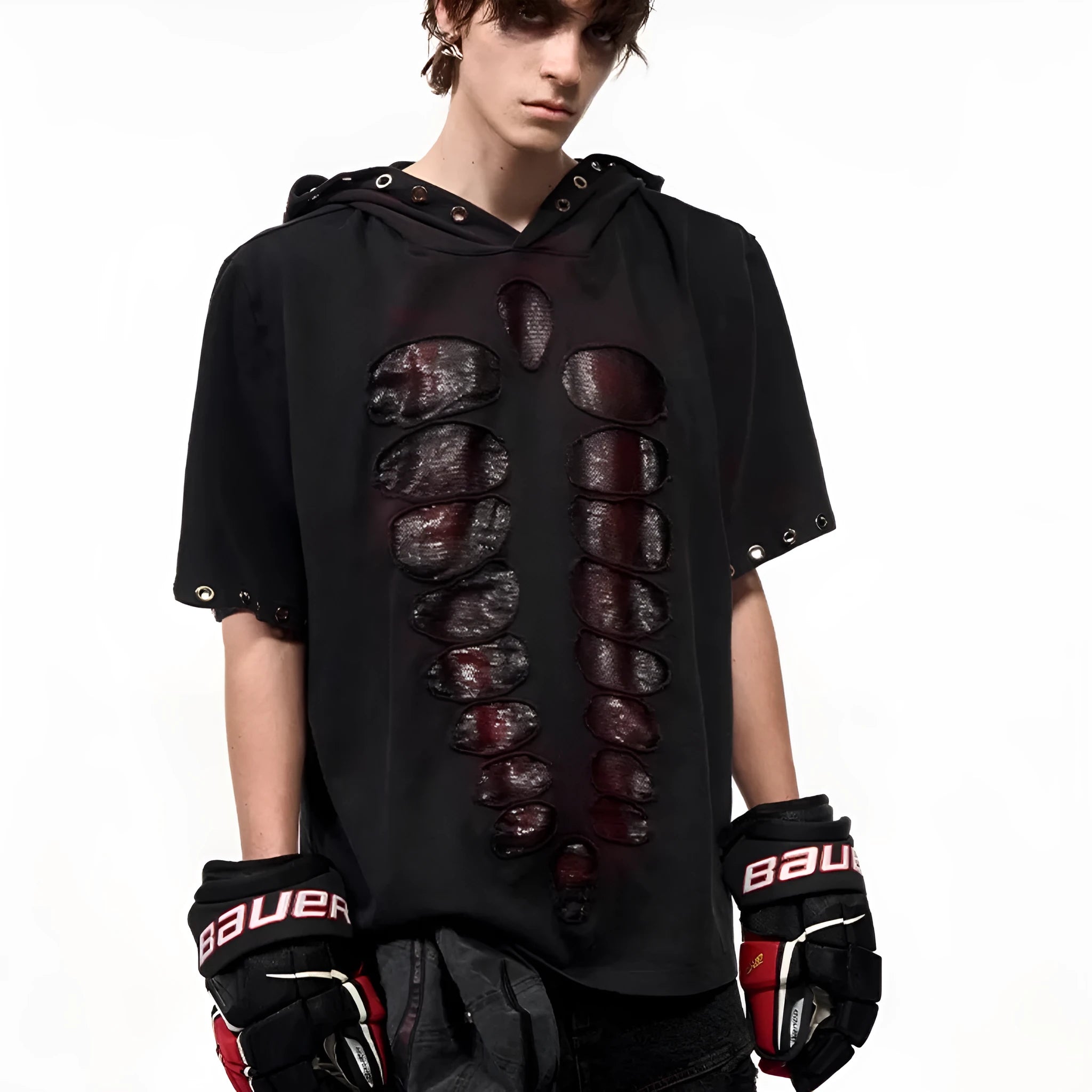 Black men's hooded short-sleeved T-shirt with loose fit and all-over sequins decoration.
