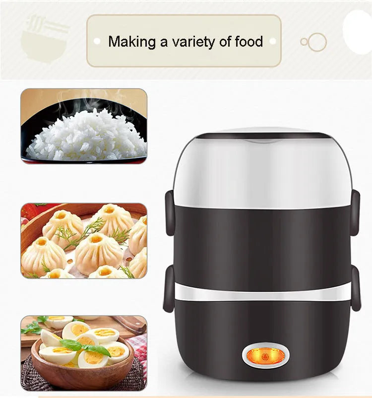 Insulated electric heating lunch box with USB port showing 190mm cube dimensions
