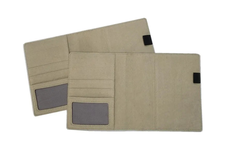 Blue imitation leather PU notebook shell for A4 pages, shown with a clear PP storage bag.